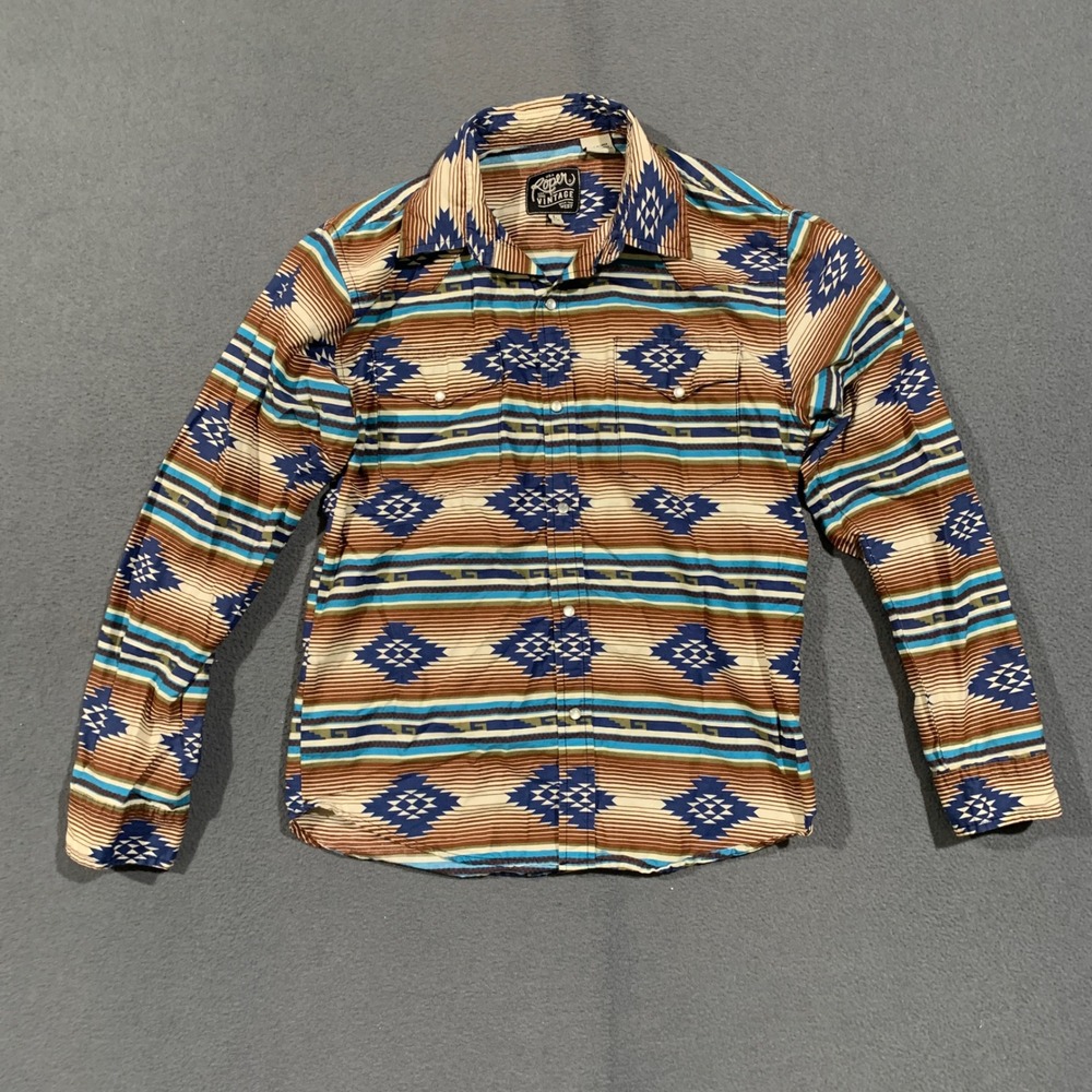 Roper Western Shirt Boys Large 12-14 Pearl Snap Southwestern Aztec Blue Brown